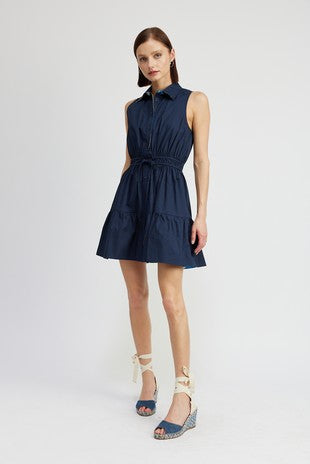 Navy Button Up Collared Dress