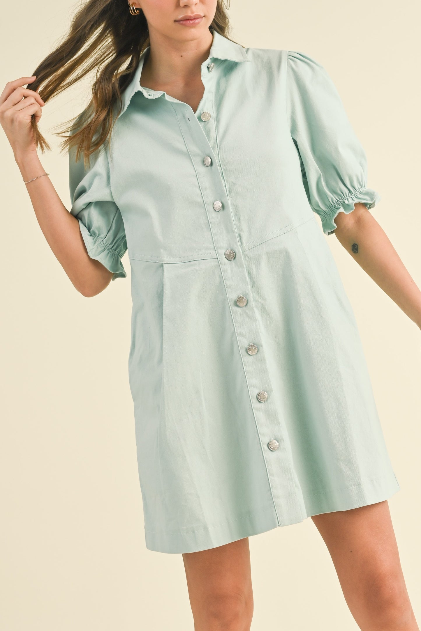 Colored Denim Puff Sleeve Dress