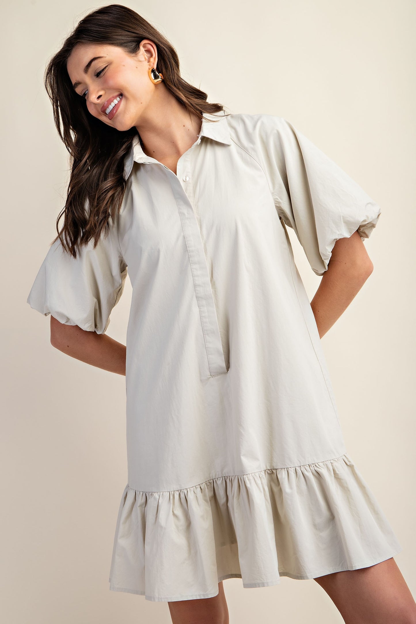 Short Sleeve Button Down Dress - Beige