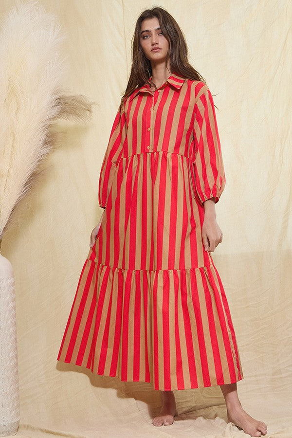 Red Striped Print Tiered Midi Shirt Dress