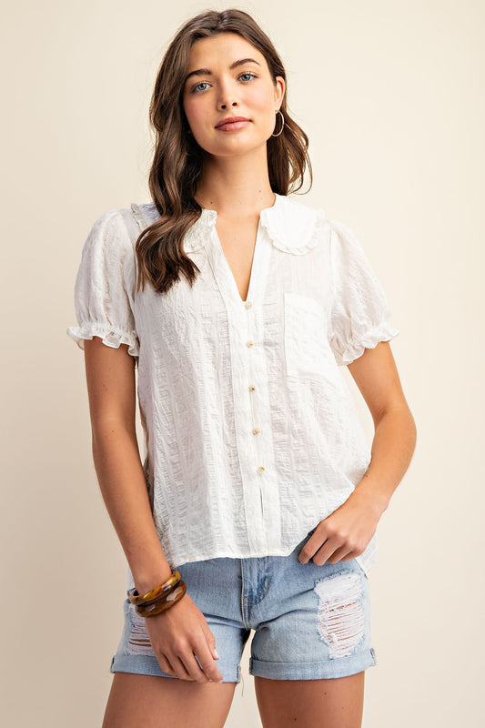 Peter Pan Collar Puff Sleeve Button Up Top