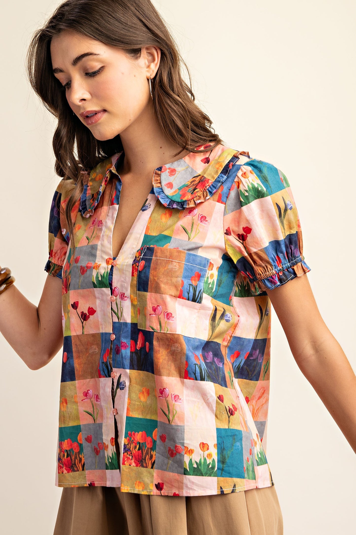 Printed Peter Pan Collar Button Down Top