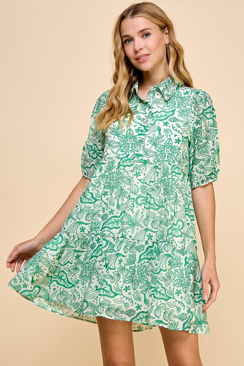 Green Abstract Print Button Up Dress