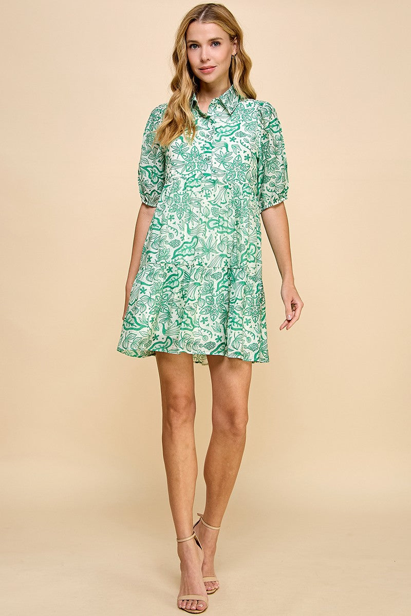 Green Abstract Print Button Up Dress