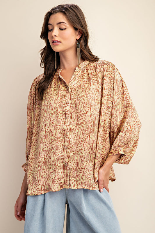 Yellow Printed Button Down Draped Silky Blouse