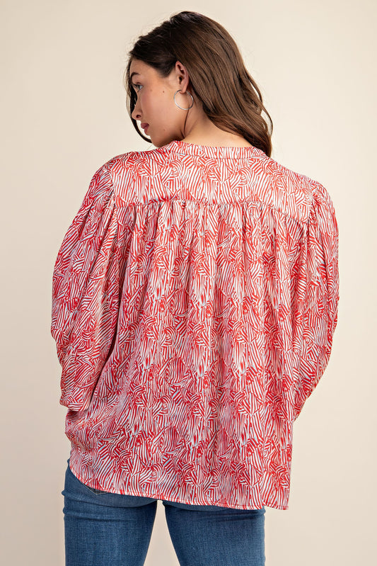 Printed Button Down Draped Silky Blouse