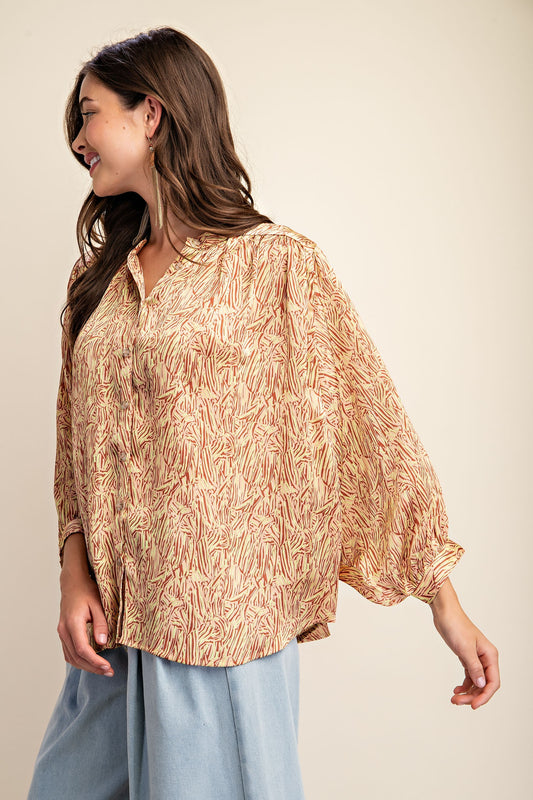 Yellow Printed Button Down Draped Silky Blouse