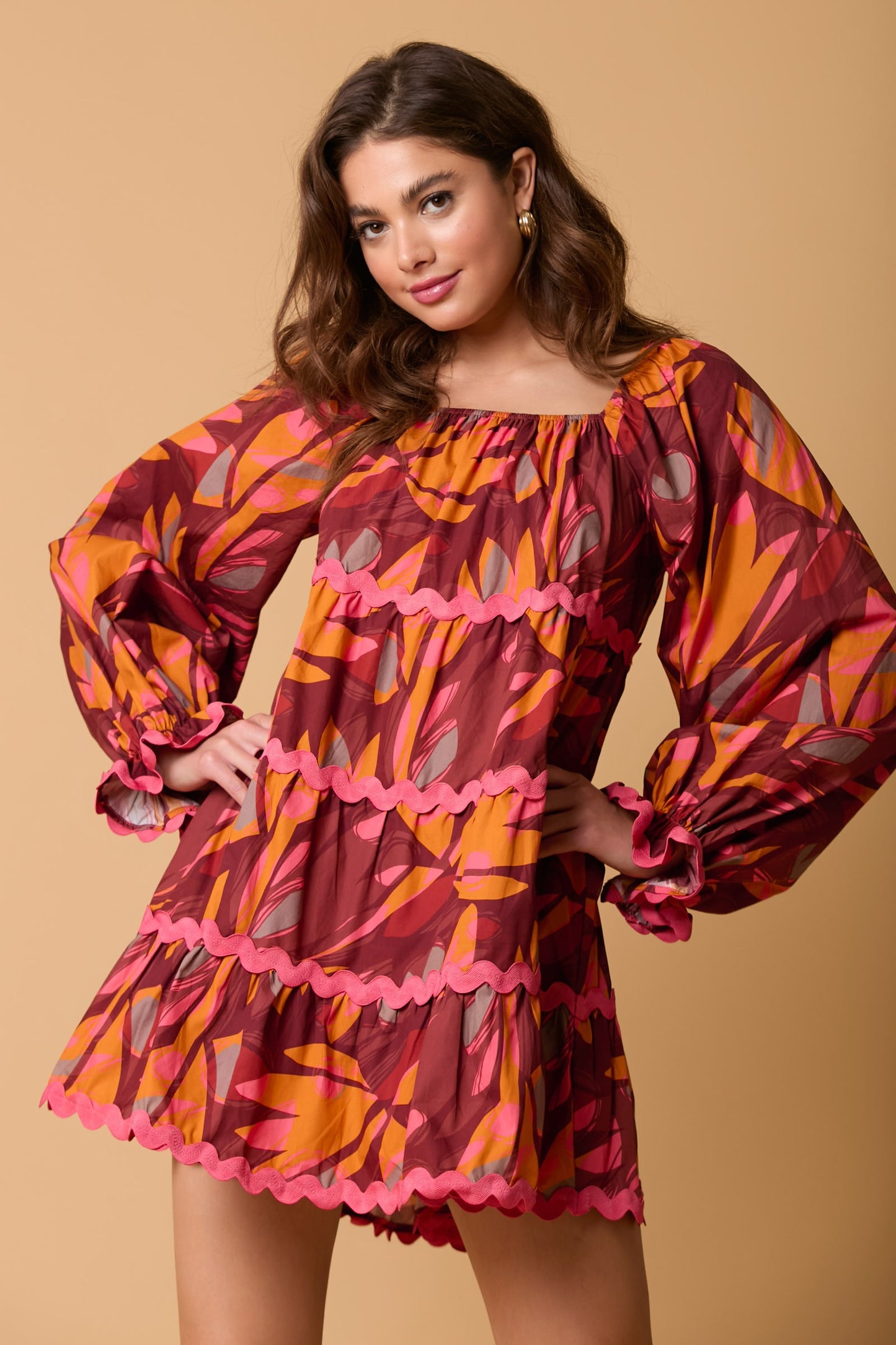 Long Sleeve Rust Ric Rac Dress