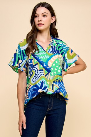 Abstract Printed with V Neck Top