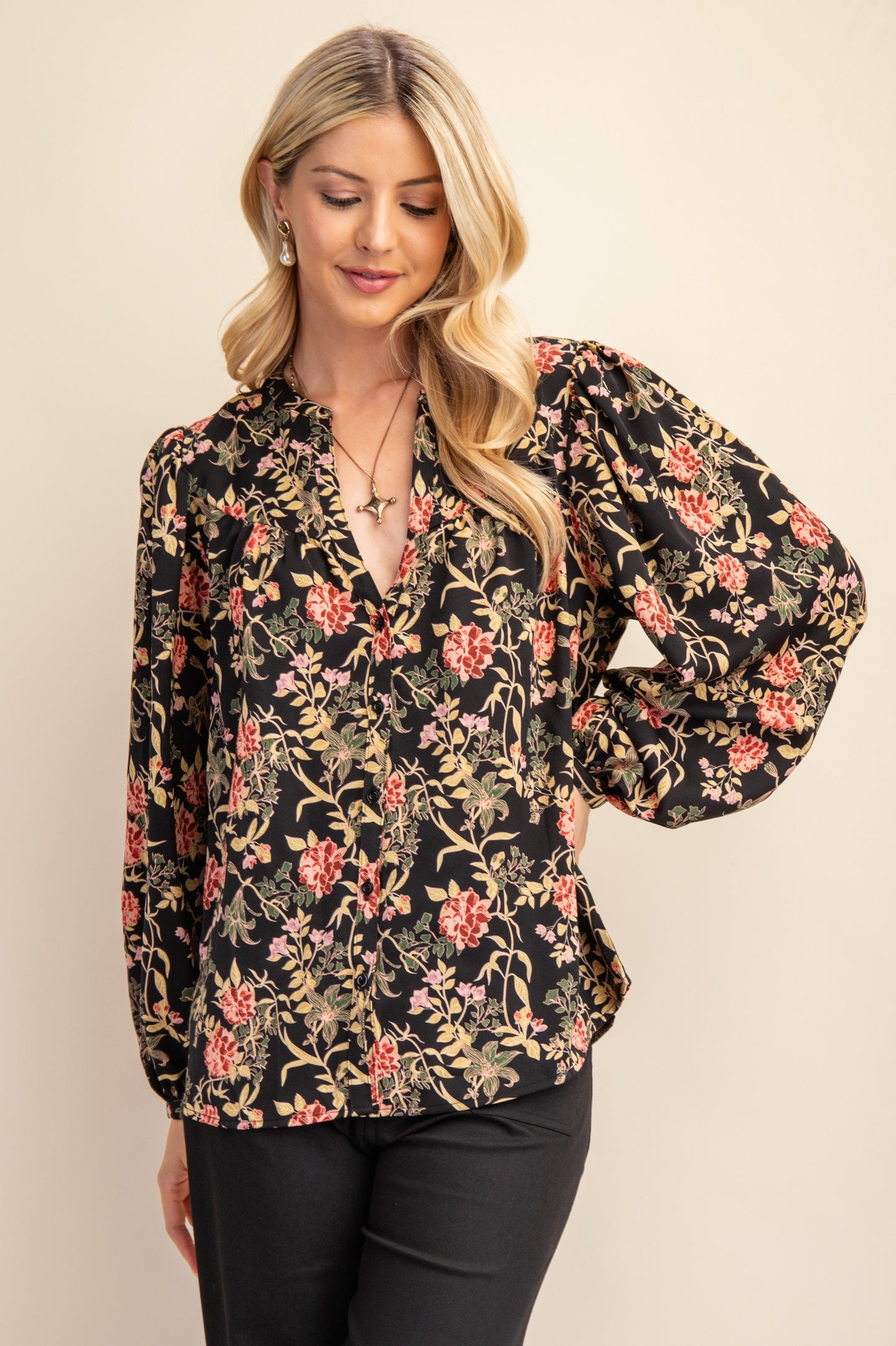 Floral Print Button Up Long Sleeve Blouse