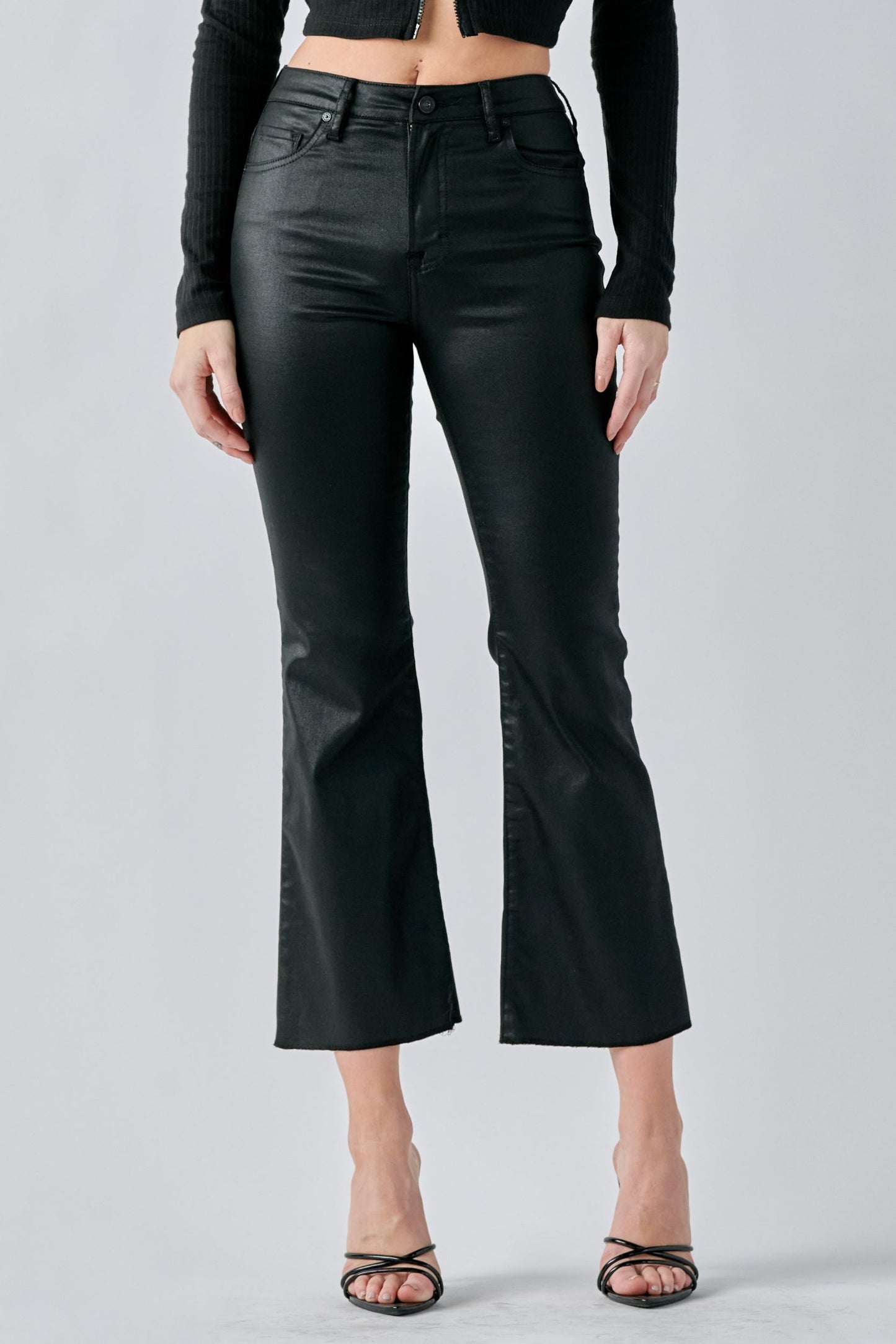 Black Coated Leather Raw Hem Cropped Flare