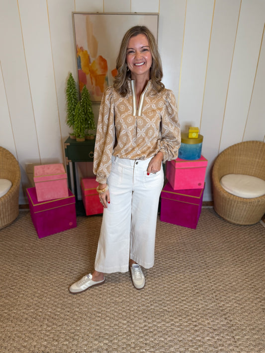 Latte Abstract Print High Neck Top