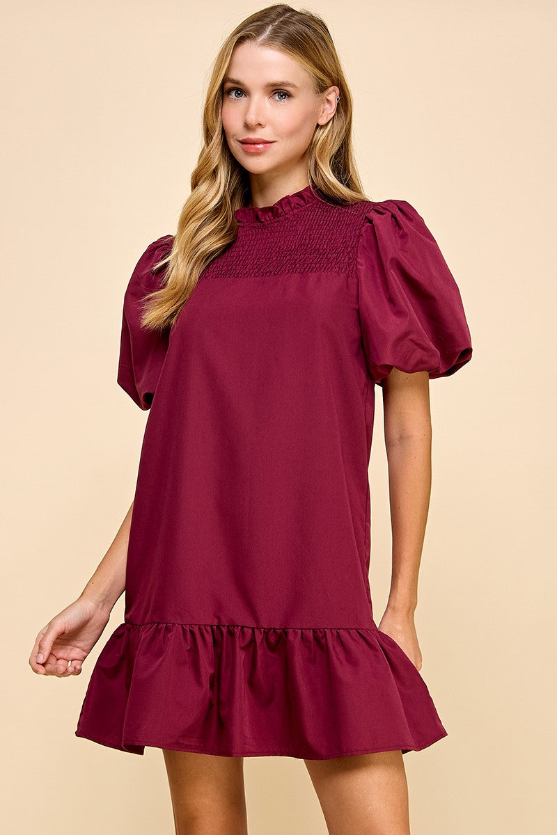 Burgundy Puff Sleeve Ruffle Hem Dress