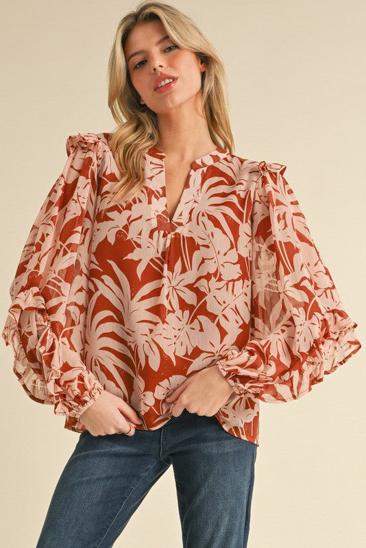 Print Chiffon Ruffle Edge Top