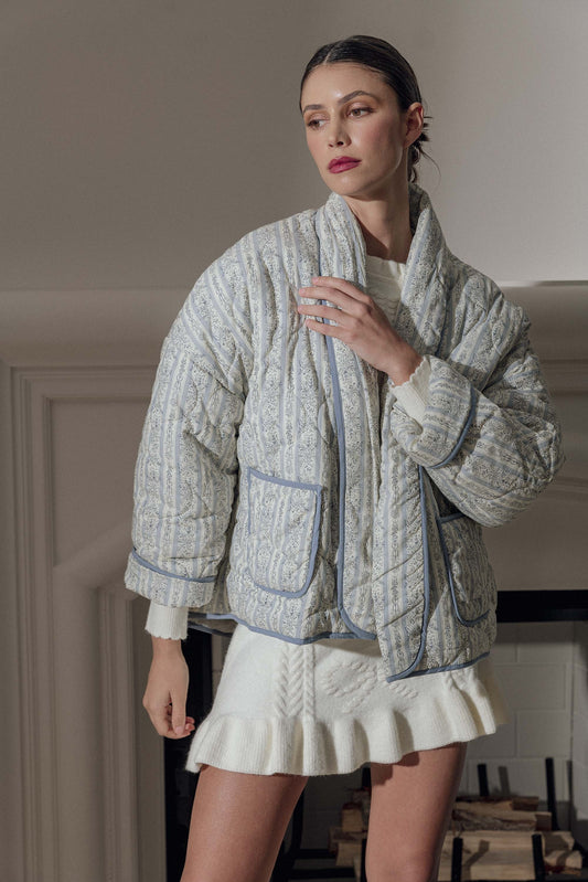 Floral Printed Quilted Open Jacket