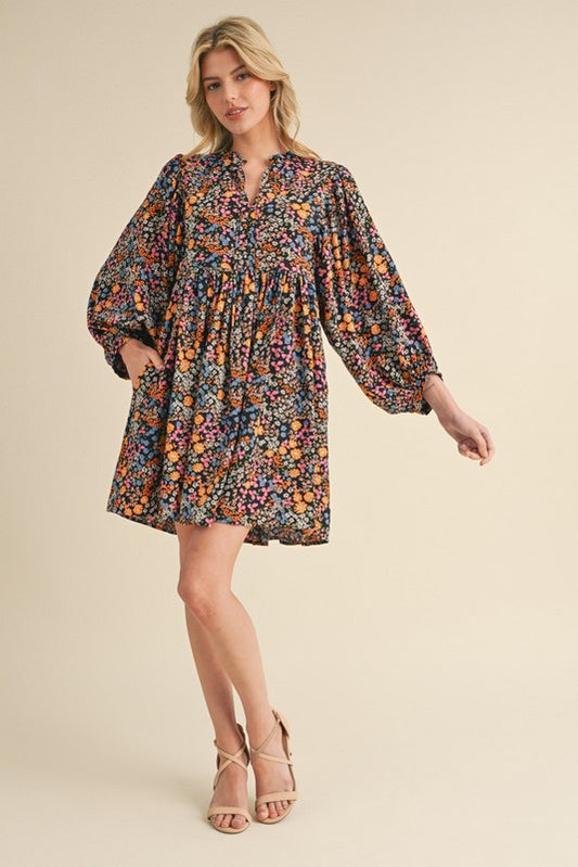 Black Floral Print Bishop Sleeve Dress