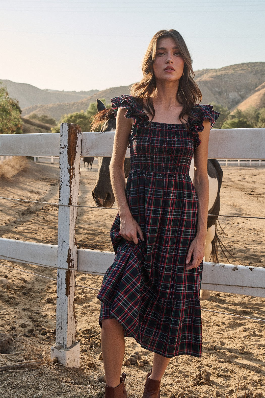 Chapman Plaid Girona Smocked Ruffle Midi Dress