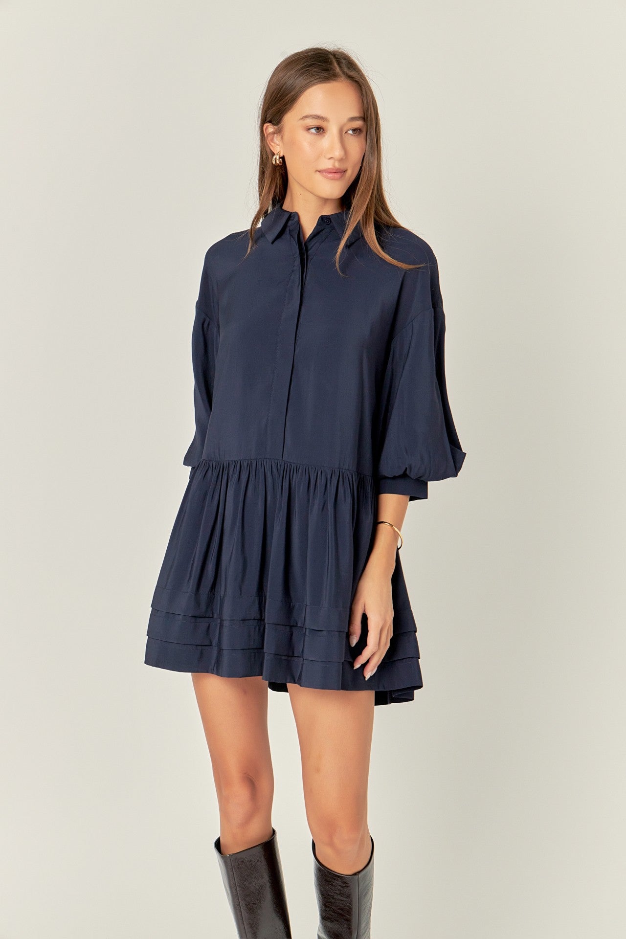 Navy Poplin Balloon Sleeve Dress - English Factory