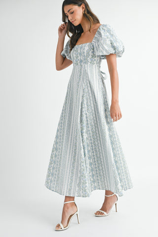 Blue Floral Print Puff Sleeve Midi Dress