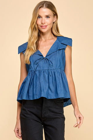 Denim Collared Wide Peplum Top