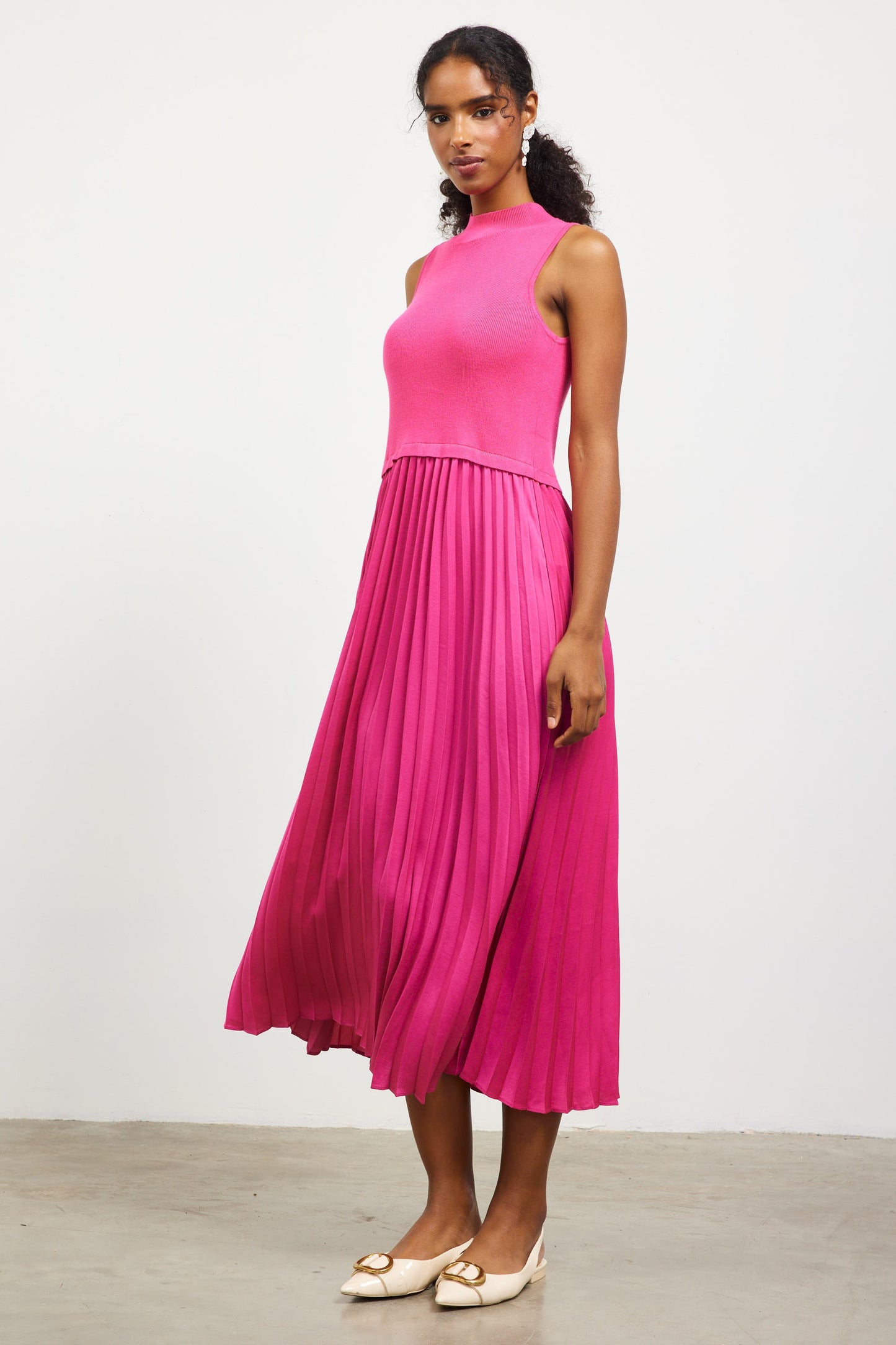 Pleated Contrast Mock Neck Dress