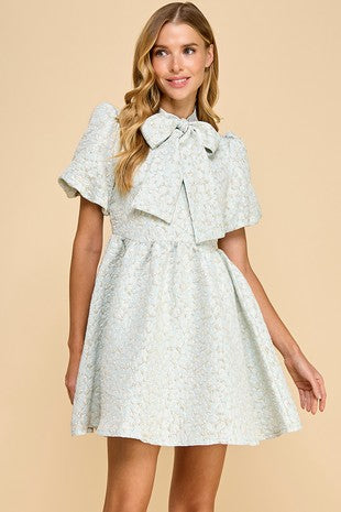 Blue Jacquard Puff Sleeve Bow Detail Dress