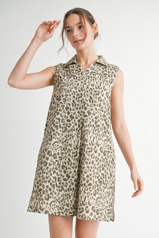Leopard Print Sleeveless Collared Dress