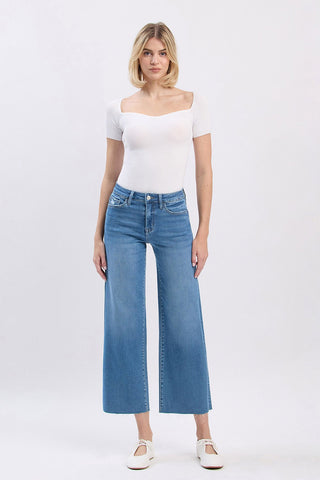 Aileeah High Rise Clean Cut Raw Hem Crop Slim Wide Jeans