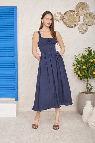 Square Neck Front Tie Corset Detail Midi Dress