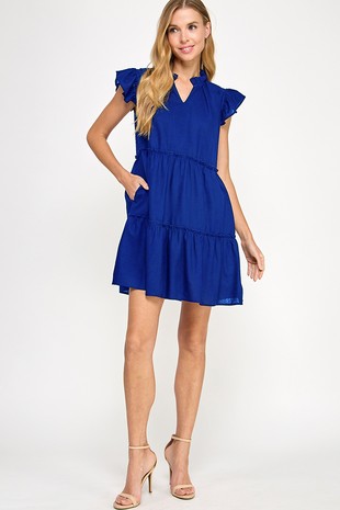 Royal Blue Linen Ruffle Sleeve Dress