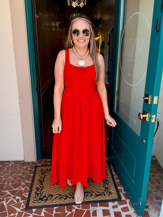 Square Neck Front Tie Corset Detail Midi Dress