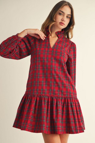 Ruffled High Neck Checker Dress