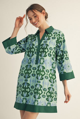 Green Solid Contrast Accent Boho Floral Dress