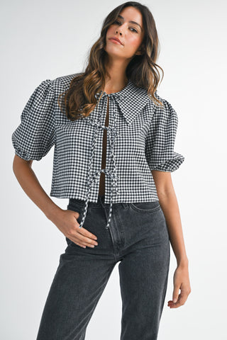 Gingham Plaid Collar Front Tie Closure Shirt