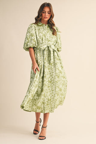 Green Jacquard Bubble Sleeve Button Down Midi Dress