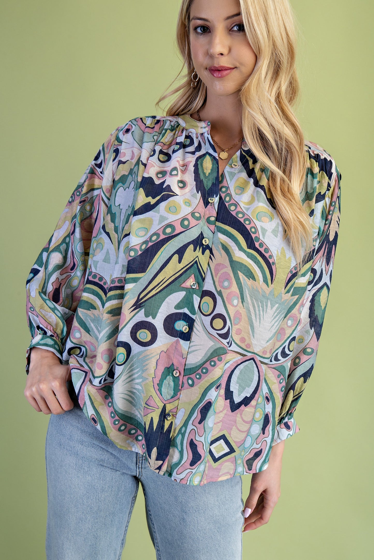 Printed Loose Fit Button Down Blouse