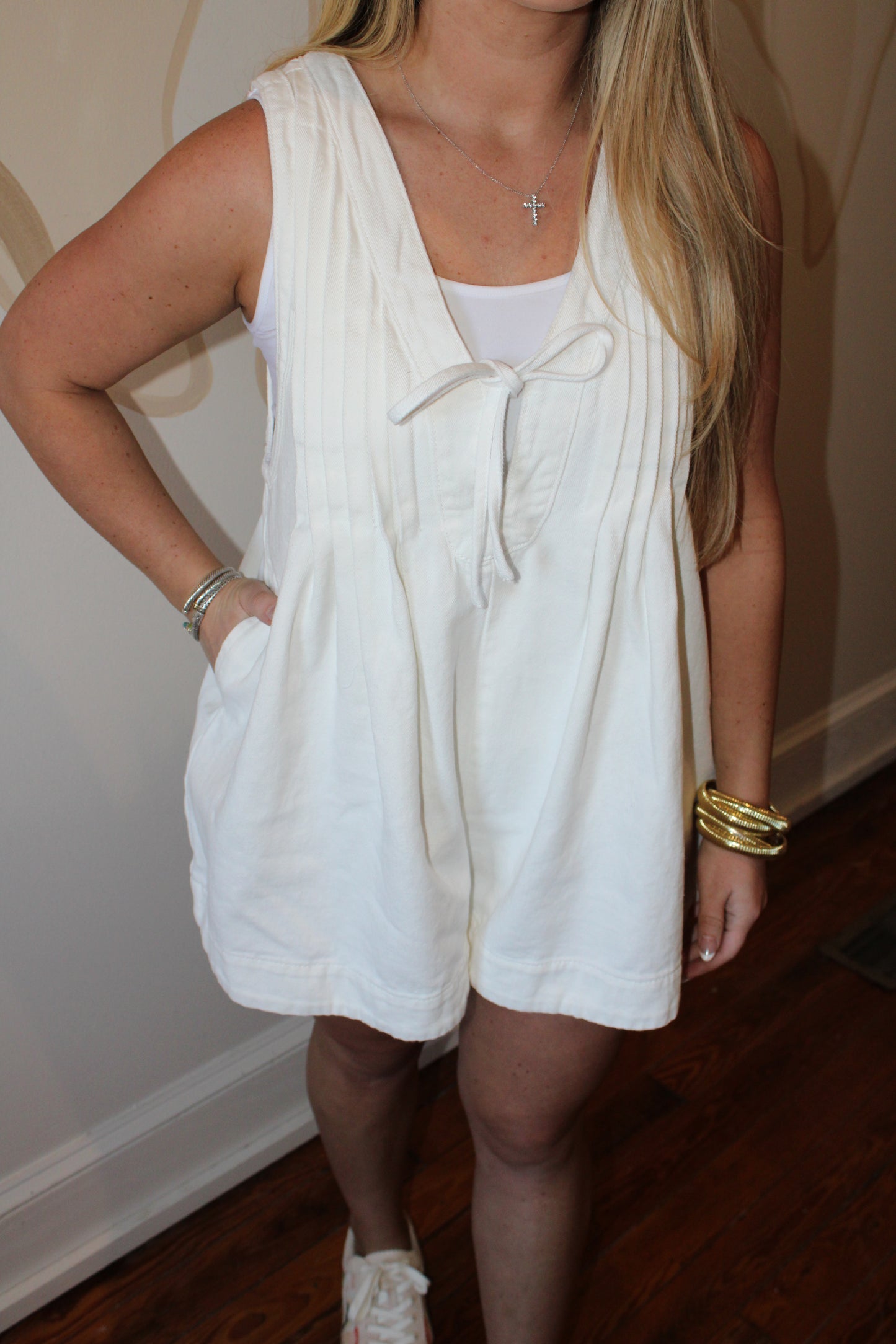 Cream Pleated V-Neck Denim Romper