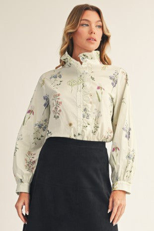 Cream Ruffle Detail Button Down Top