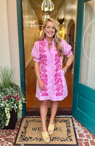 Pink Embroidered Smocked Sleeve Dress