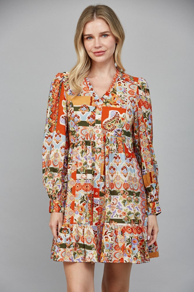 Patchwork Print Ruffled V-neckline Dress