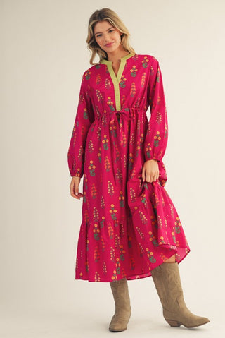 Magenta Contrast Accent Floral Midi Dress