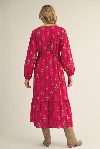 Magenta Contrast Accent Floral Midi Dress