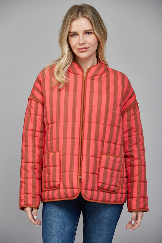 Brown Stripe Print Quilted Oversized Jacket