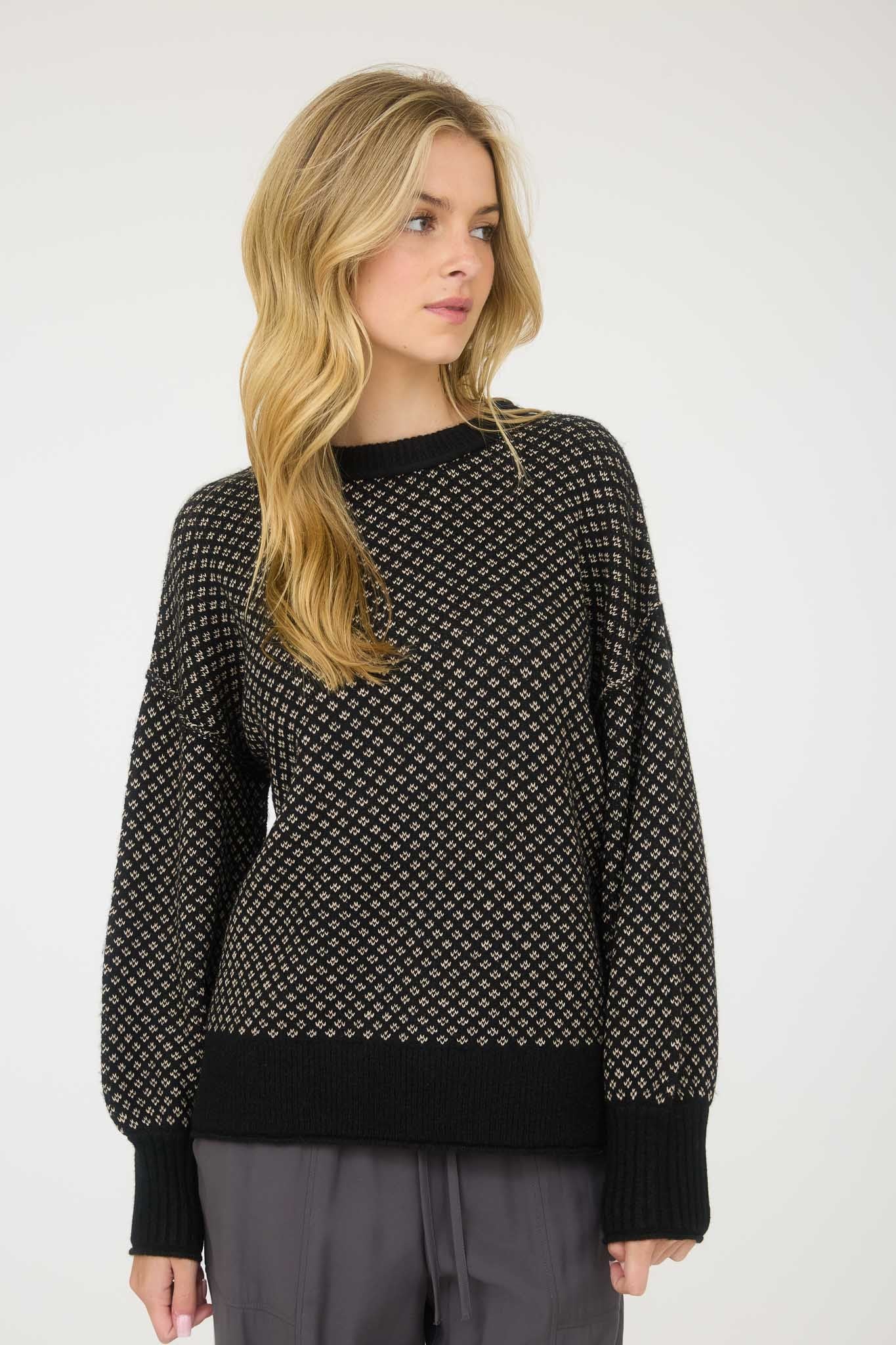Mini Jacquard Crew Neck Long Sleeve Knit Sweater