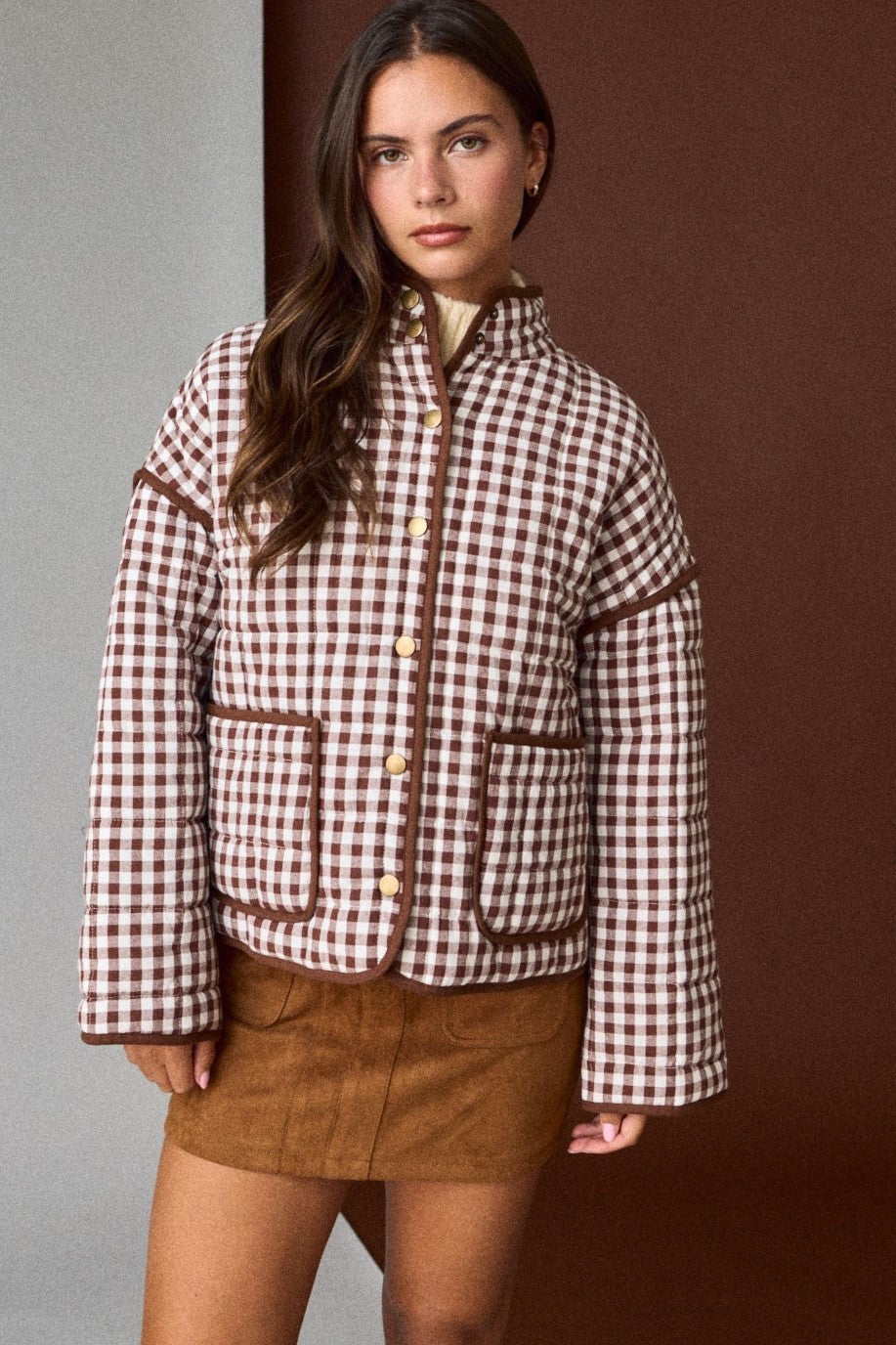 Brown Gingham Quilted Jacket