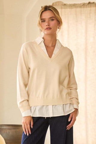 Layered Look V-neck Mixed Media Sweater