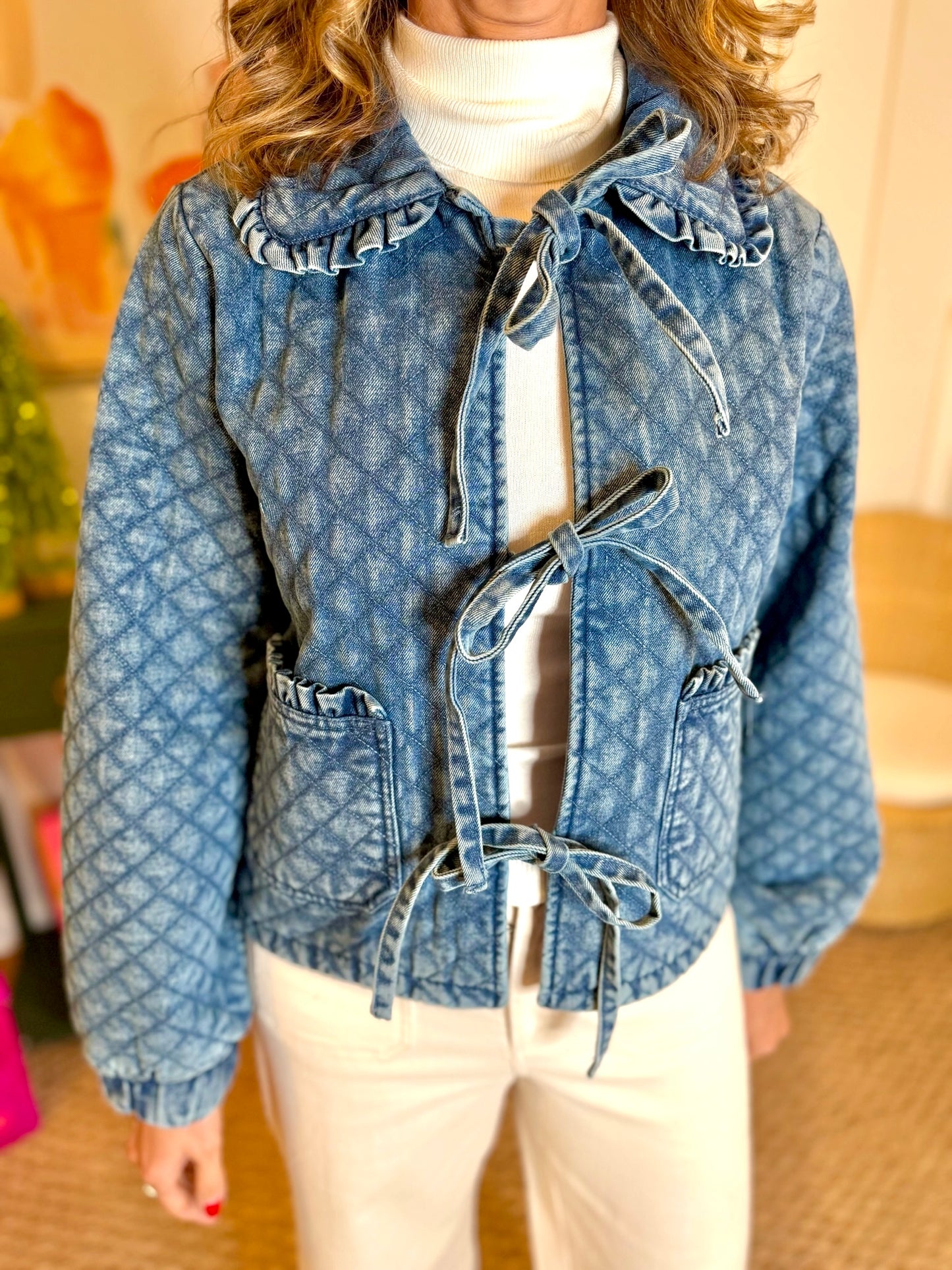 Washed Denim Quilted Front Tie Jacket