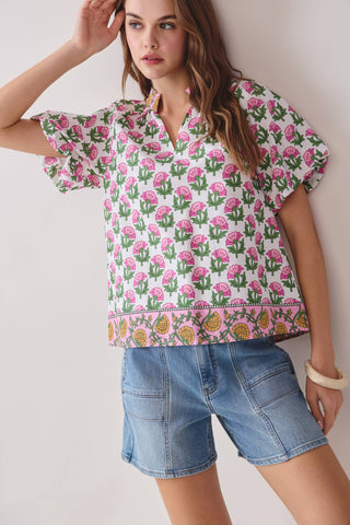 Floral Print Bubble Sleeves Split Neckline Top