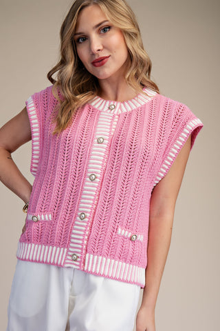Pink Sleeveless Button-down Stripe Vest Sweater