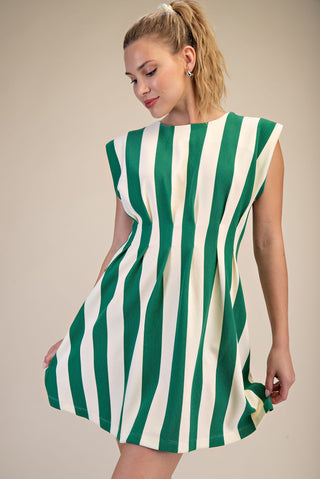 Green Striped Round Neck Waist Pleated Dress